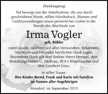 Traueranzeige von Irma Vogler von Mitteldeutsche Zeitung Merseburg/Querfurt