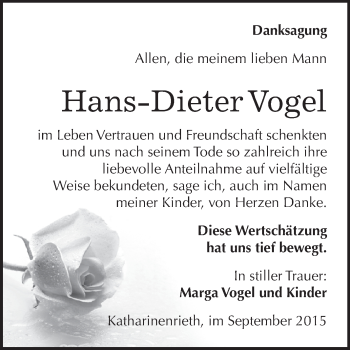 Traueranzeige von Hans-Dieter Vogel von WVG - Wochenspiegel SGH