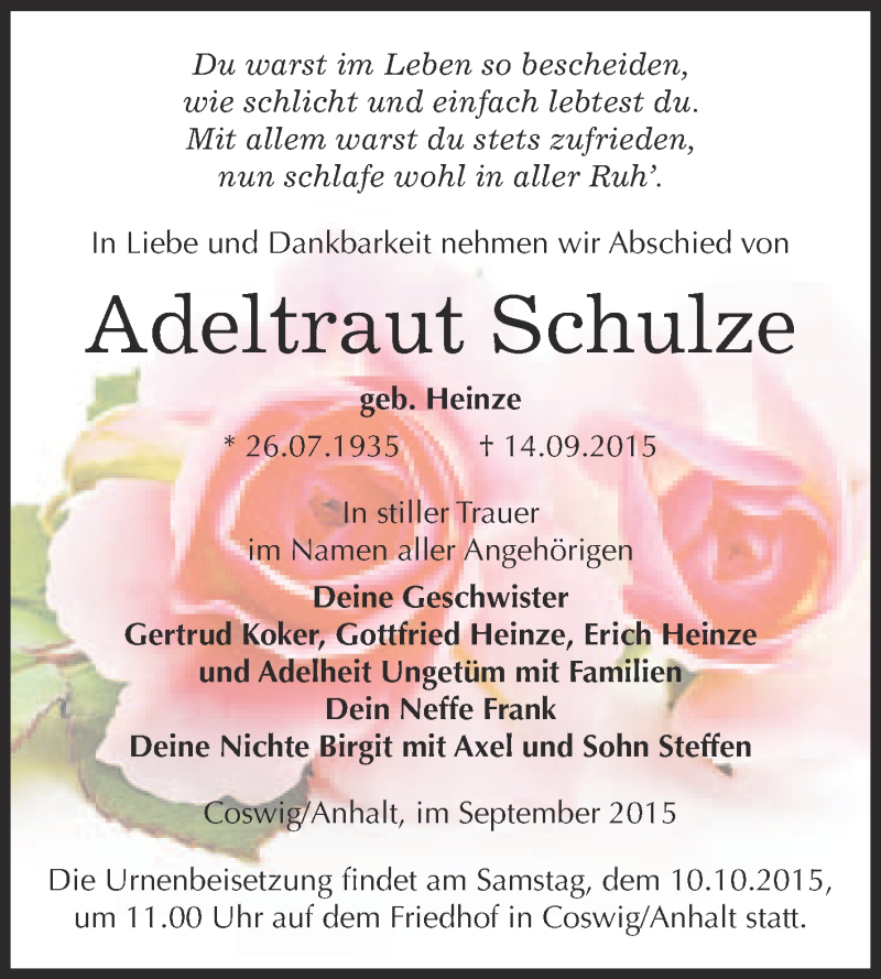  Traueranzeige für Adeltraut Schulze vom 19.09.2015 aus Super Sonntag Wittenberg