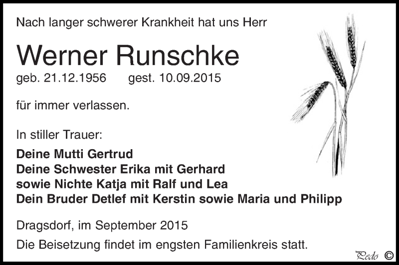  Traueranzeige für Werner Runschke vom 19.09.2015 aus Super Sonntag Zeitz