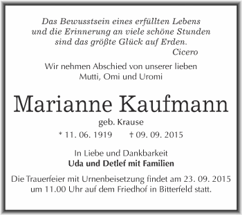 Traueranzeige von Marianne Kaufmann von WVG - Wochenspiegel Bitterfeld