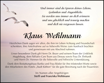Traueranzeige von Klaus Wehlmann von WVG - Wochenspiegel Dessau / Köthen