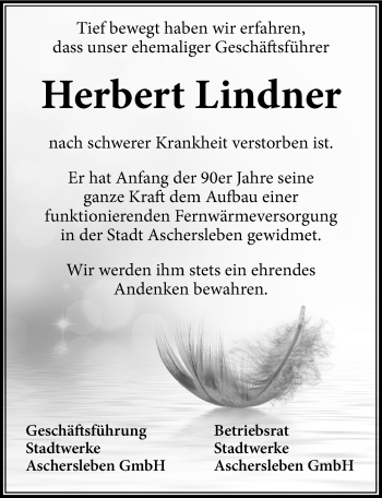 Traueranzeige von Herbert Lindner von Mitteldeutsche Zeitung Aschersleben