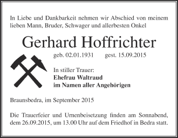 Traueranzeige von Gerhard Hoffrichter von WVG - Wochenspiegel Merseburg