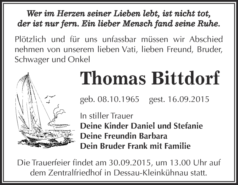  Traueranzeige für Thomas Bittdorf vom 26.09.2015 aus WVG - Wochenspiegel Dessau / Köthen