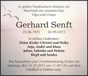 Traueranzeige von Gerhard Senft von Mitteldeutsche Zeitung Köthen