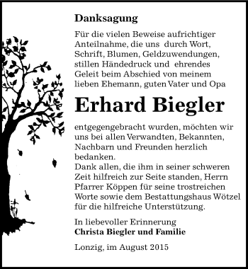 Traueranzeige von Erhard Biegler von Mitteldeutsche Zeitung Zeitz