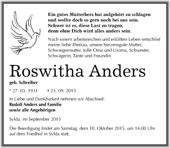Traueranzeige von Roswitha Anders von Mitteldeutsche Zeitung Mansfelder Land
