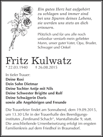 Traueranzeige von Fritz Kulwatz von WVG - Wochenspiegel Wittenberg