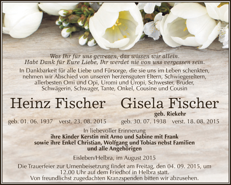  Traueranzeige für Heinz und Gisela Fischer vom 02.09.2015 aus Wochenspiegel Mansfelder Land