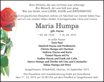 Traueranzeige von Maria Humpa von Mitteldeutsche Zeitung Sangerhausen