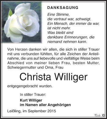 Traueranzeige von Christa Williger von WVG - Wochenspiegel NMB / WSF / ZTZ