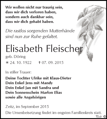 Traueranzeige von Elisabeth Fleischer von Super Sonntag Zeitz