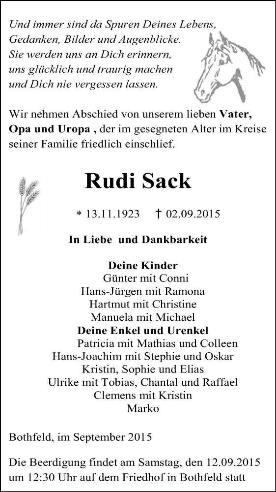  Traueranzeige für Rudi Sack vom 09.09.2015 aus WVG - Wochenspiegel NMB / WSF / ZTZ