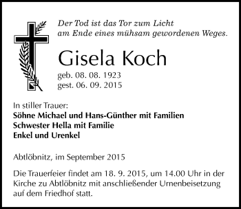 Traueranzeige von Gisela Koch von Mitteldeutsche Zeitung Naumburg/Nebra