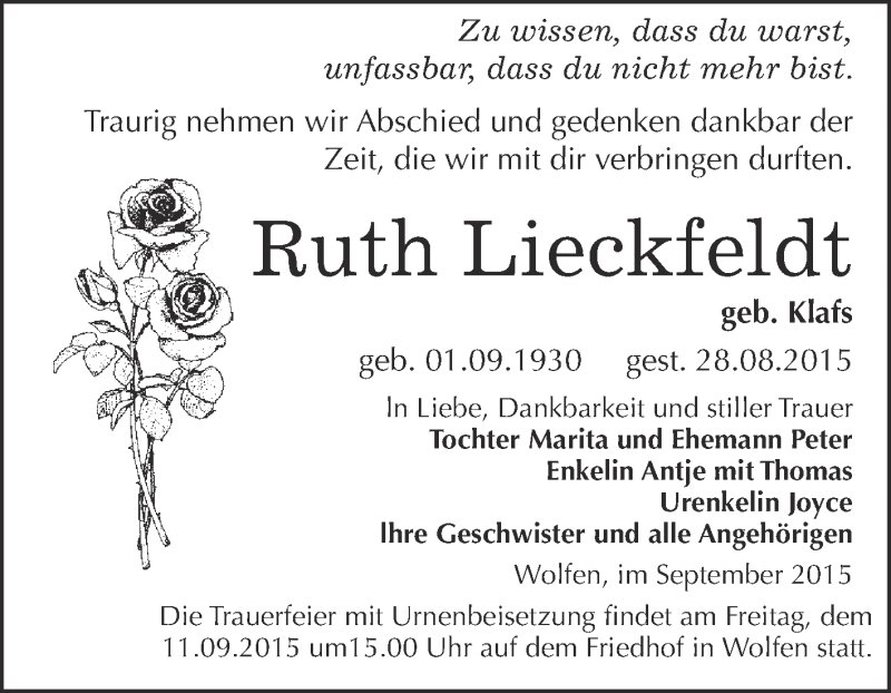  Traueranzeige für Ruth Lieckfeldt vom 09.09.2015 aus WVG - Wochenspiegel Bitterfeld