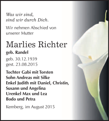 Traueranzeige von Marlies Richter von WVG - Wochenspiegel Wittenberg