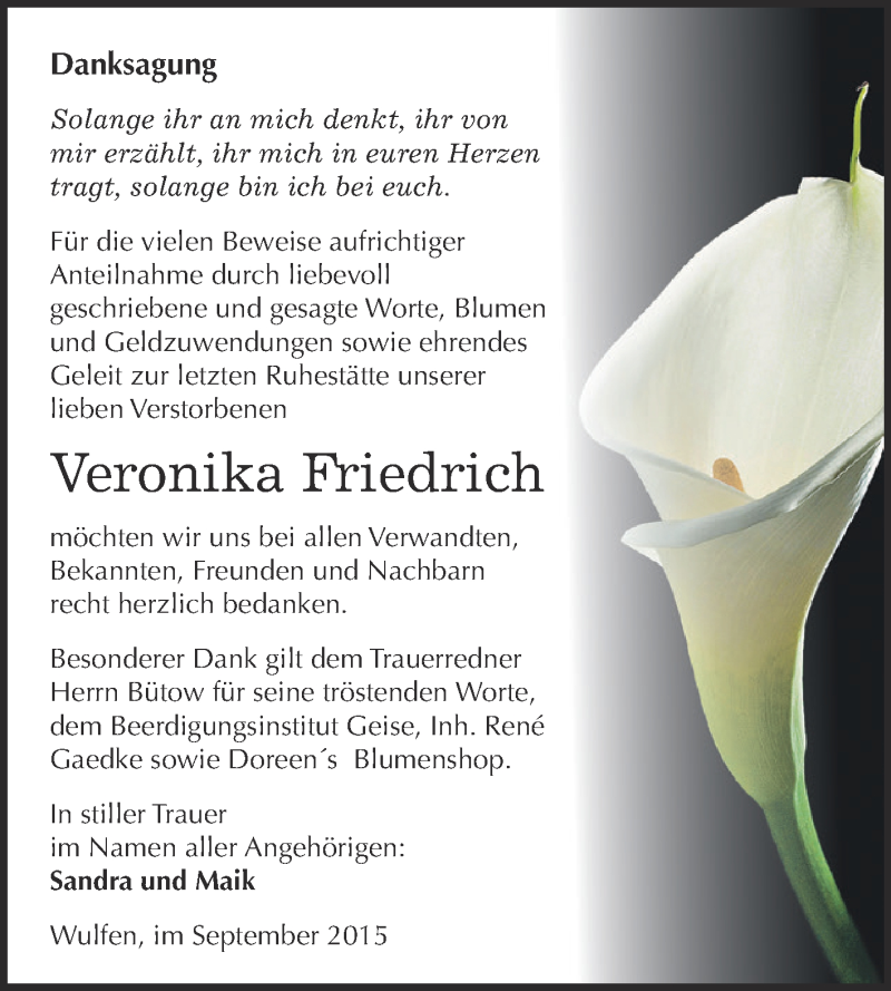  Traueranzeige für Veronika Friedrich vom 05.09.2015 aus WVG - Wochenspiegel Dessau / Köthen