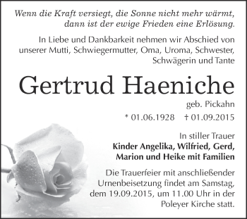 Traueranzeige von Gertrud Haeniche von Super Sonntag Bernburg