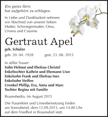 Traueranzeige von Gertraut Apel von Mitteldeutsche Zeitung Merseburg/Querfurt