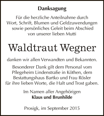 Traueranzeige von Waldtraut Wegner von WVG - Wochenspiegel Dessau / Köthen