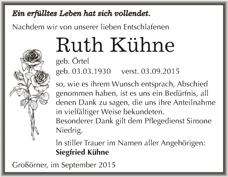 Traueranzeige für Ruth Kühne vom 19.09.2015 aus Super Sonntag SGH Mansf. Land