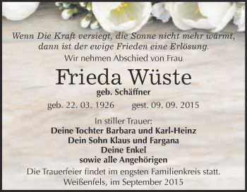 Traueranzeige von Frieda Wüste von WVG - Wochenspiegel NMB / WSF / ZTZ