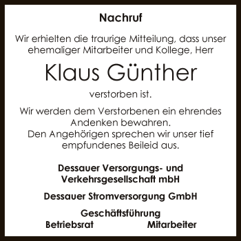 Traueranzeige von Klaus Günther von Super Sonntag Dessau / Köthen