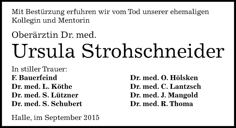  Traueranzeige für Ursula Strohschneider vom 19.09.2015 aus Mitteldeutsche Zeitung Halle/Saalkreis