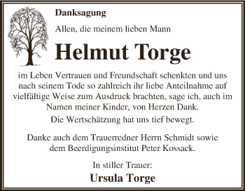 Traueranzeige von Helmut Torge von WVG - Wochenspiegel Dessau / Köthen
