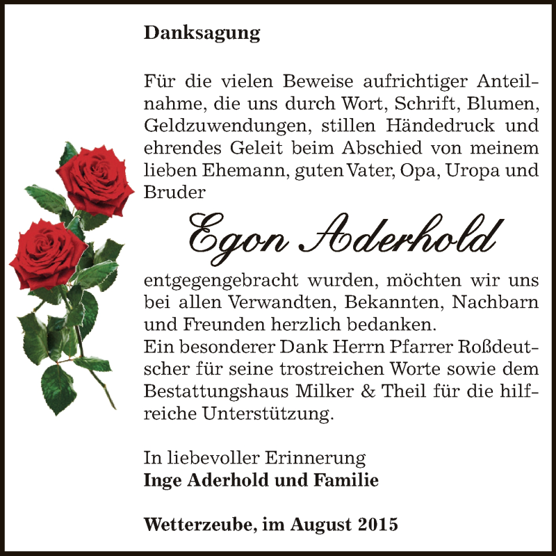  Traueranzeige für Egon Aderhold vom 12.09.2015 aus Super Sonntag Zeitz