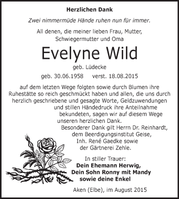 Traueranzeige von Evelyne Wild von WVG - Wochenspiegel Dessau / Köthen