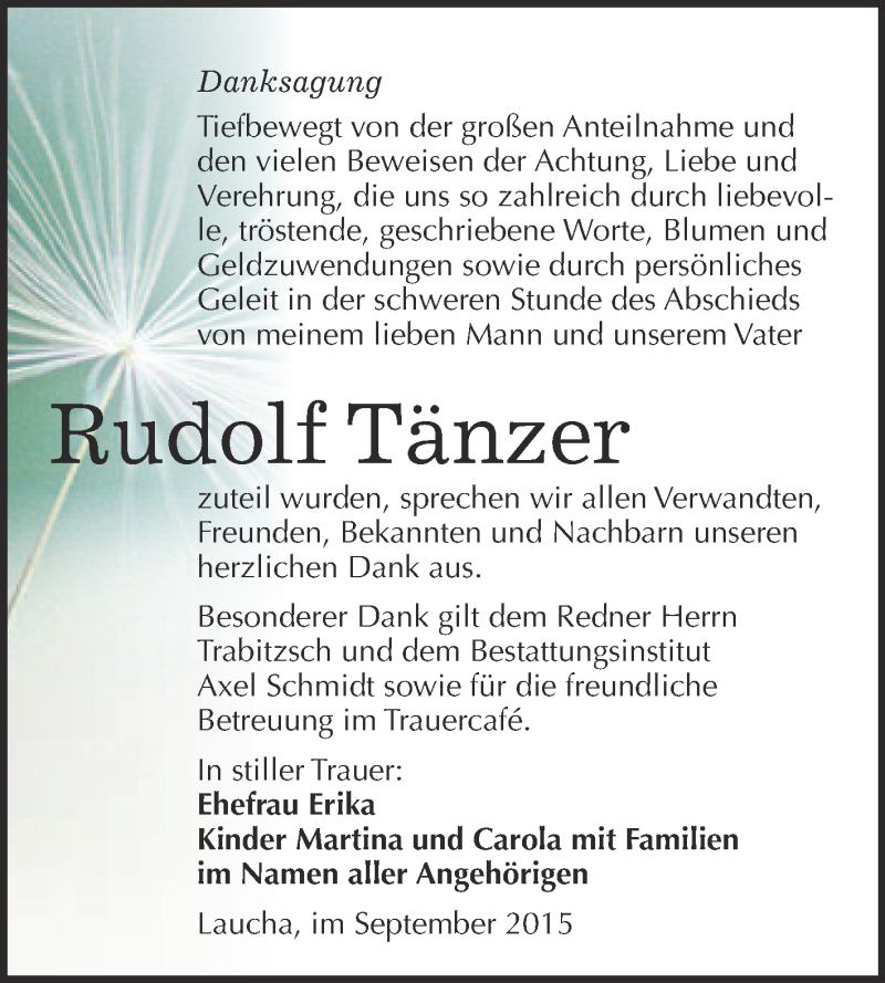  Traueranzeige für Rudolf Tänzer vom 16.09.2015 aus WVG - Wochenspiegel NMB / WSF / ZTZ