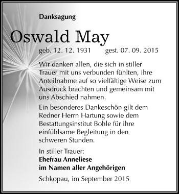 Traueranzeige von Oswald May von Mitteldeutsche Zeitung Merseburg/Querfurt