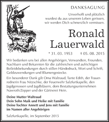 Traueranzeige von Ronald Lauerwald von WVG - Wochenspiegel Bitterfeld