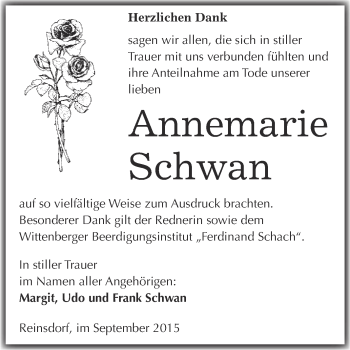 Traueranzeige von Annemarie Schwan von WVG - Wochenspiegel Wittenberg