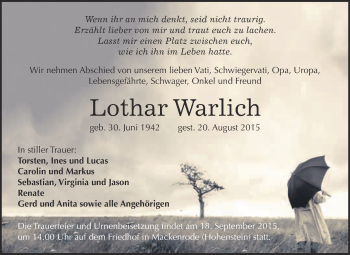 Traueranzeige von Ilona und Lothar Warlich von Super Sonntag Merseburg