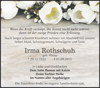 Traueranzeige von Irma Rothschuh von WVG - Wochenspiegel Dessau / Köthen