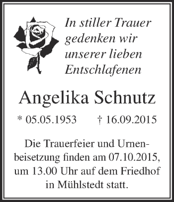 Traueranzeige von Angelika Schnutz von WVG - Wochenspiegel Dessau / Köthen