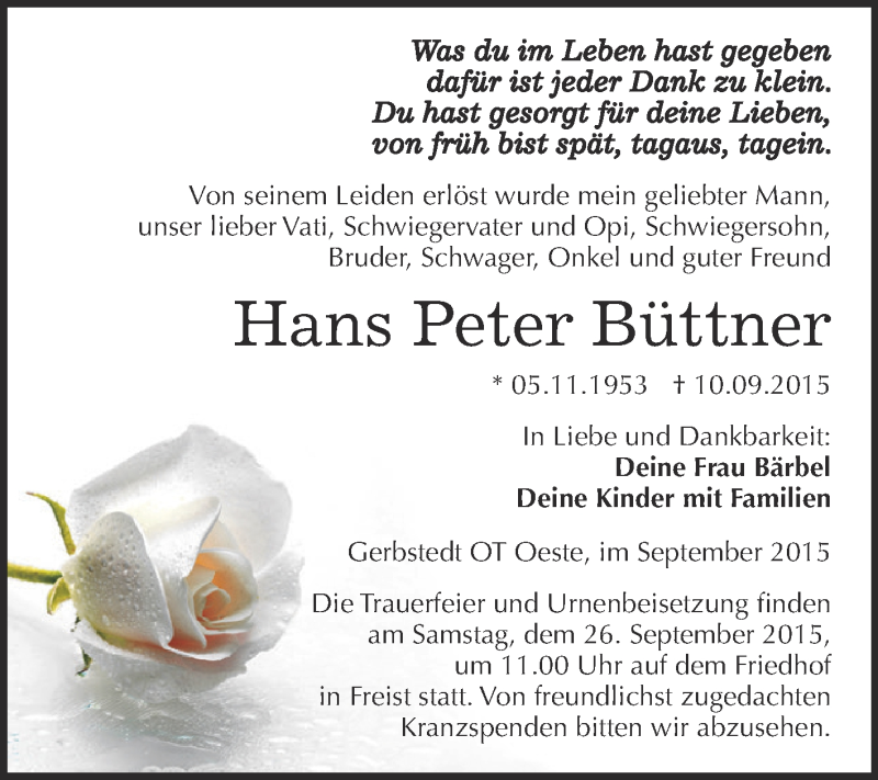  Traueranzeige für Hans Peter Büttner vom 16.09.2015 aus Wochenspiegel Mansfelder Land