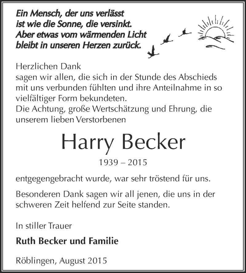  Traueranzeige für Harry Becker vom 02.09.2015 aus Wochenspiegel Mansfelder Land