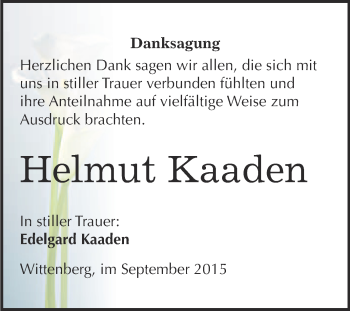 Traueranzeige von Helmut Kaaden von WVG - Wochenspiegel Wittenberg