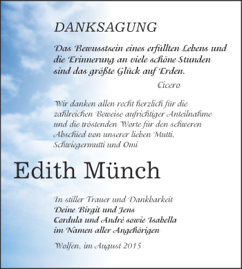 Traueranzeige von Edith Münch von WVG - Wochenspiegel Bitterfeld