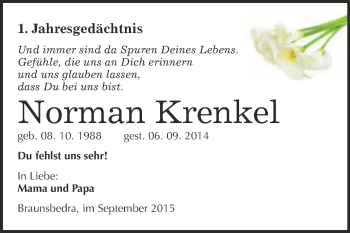Traueranzeige von Norman Krenkel von WVG - Wochenspiegel Merseburg