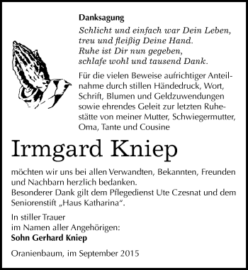 Traueranzeige von Irmgard Kniep von Mitteldeutsche Zeitung Wittenberg