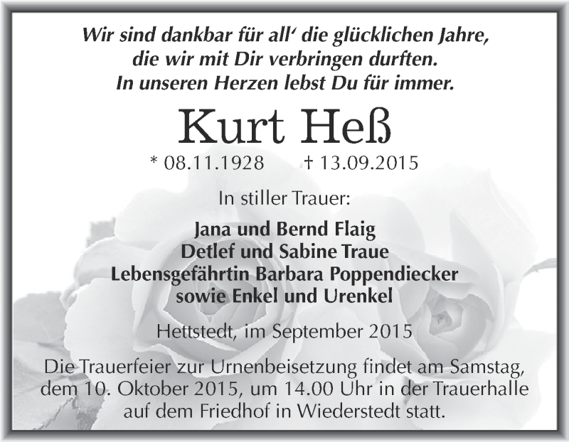  Traueranzeige für Kurt Heß vom 23.09.2015 aus Wochenspiegel Mansfelder Land