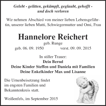 Traueranzeige von Hannelore Reichert von WVG - Wochenspiegel NMB / WSF / ZTZ