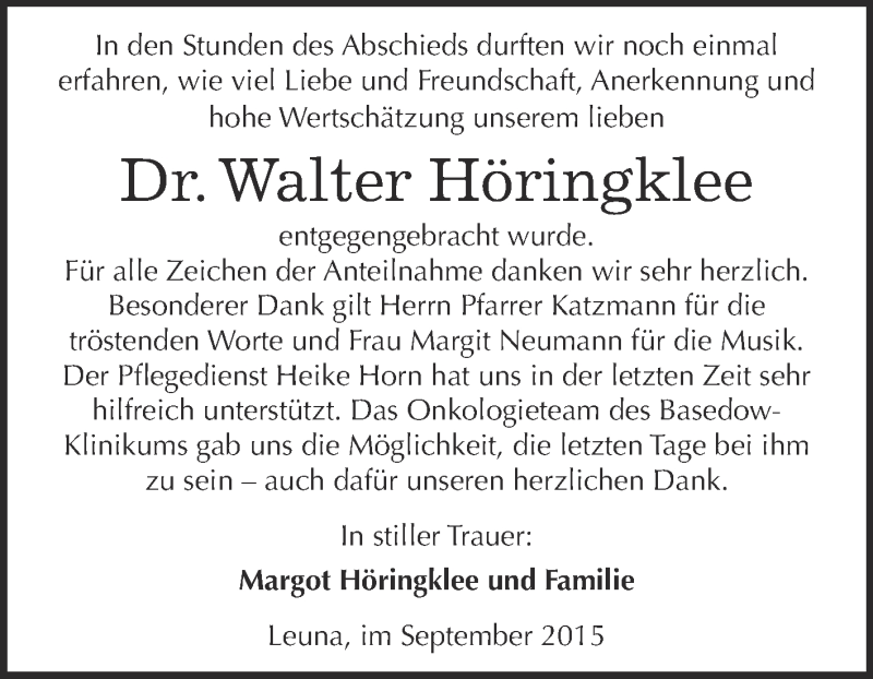 Traueranzeige für Walter Höringklee vom 12.09.2015 aus WVG - Wochenspiegel Merseburg