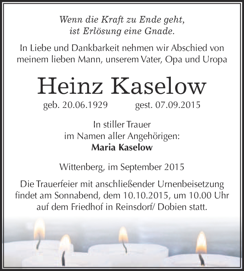  Traueranzeige für Heinz Kaselow vom 12.09.2015 aus WVG - Wochenspiegel Wittenberg