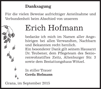 Traueranzeige von Erich Hofmann von Super Sonntag Zeitz